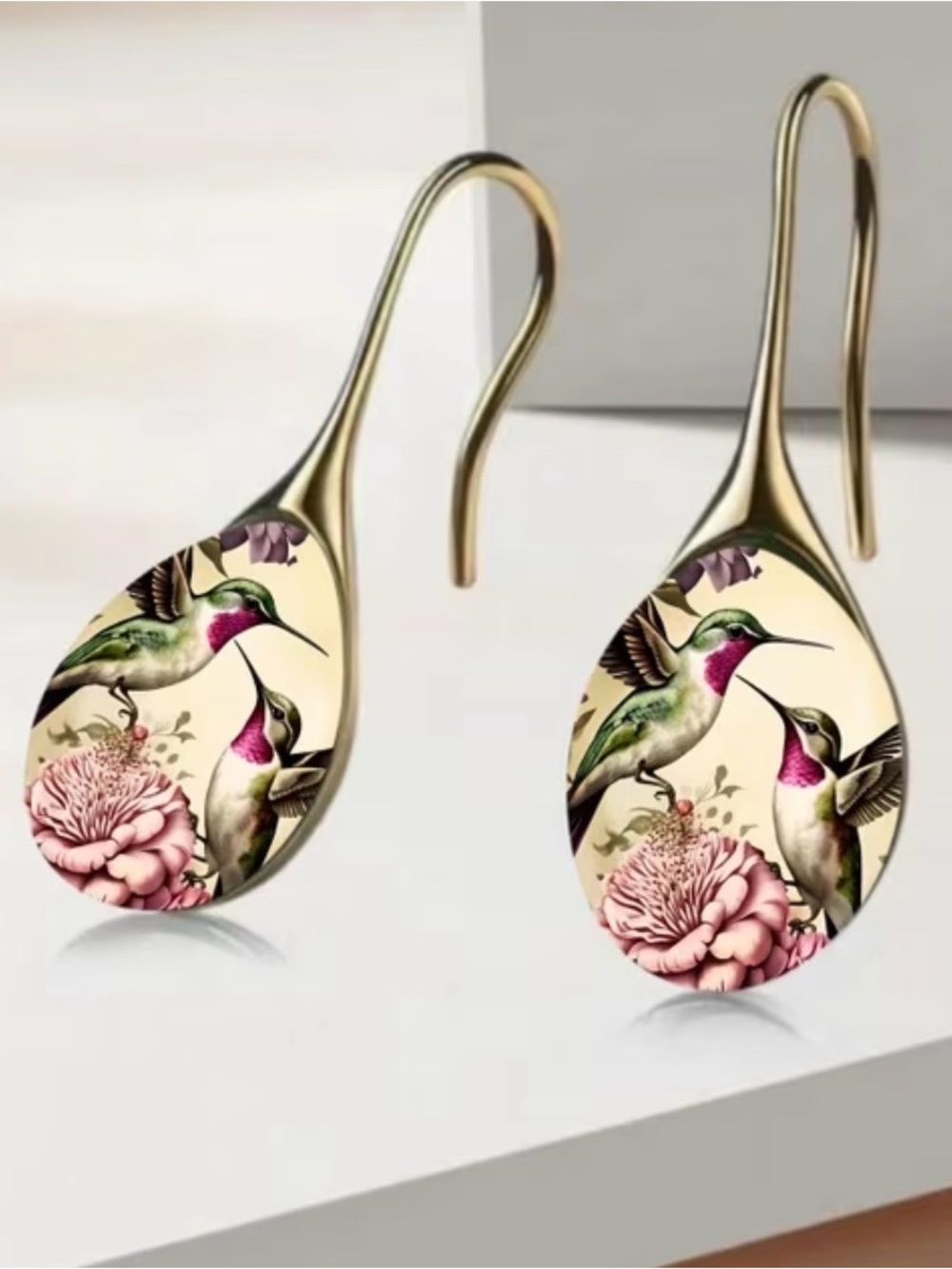Gold Hummingbird Floral Drop Earrings - Pink & Green - Picture 3 of 3